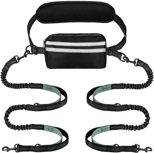 Vista 14 de Correa de perro manos libres para dos perros que caminan, correr, con cinturón de cintura, bolsa con cremallera y elástico amortiguador