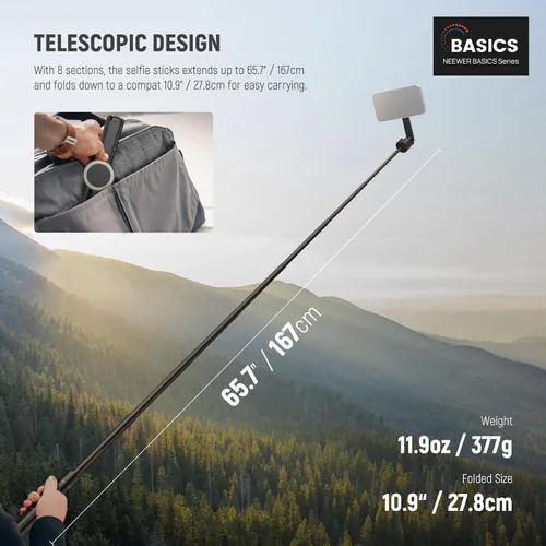 Vista 2 de NEEWER Basics Trípode con Palo de Selfie Magnético de 5.48 pies Compatible con MagSafe iPhone Android, Soporte Portátil de Viaje para Teléfono