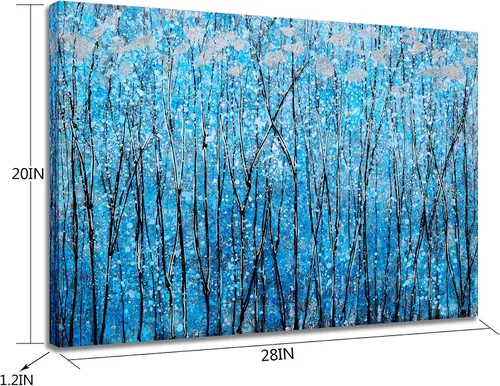 Vista 3 de SYGALLERIER Lienzo abstracto de árbol con pinturas texturizadas pintadas a mano en negro y azul con lámina plateada, imágenes modernas del bosque