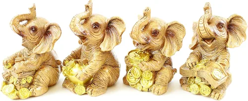 Vista 7 de Juego de 4 estatuas de tronco de elefante dorado, riqueza de la suerte de Feng Shui, decoración del hogar, cumpleaños, felicitación, regalo