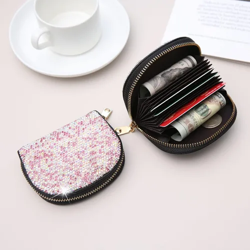 Vista 10 de AsAlways RFID Rhinestone titular de la tarjeta de crédito semicírculo multicapa cremallera caso Bling Crystal Slim pequeña cartera para mujeres