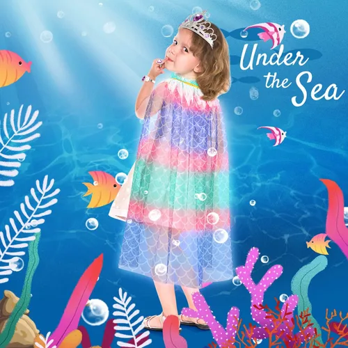 Vista 3 de Fedio Juego de capa de princesa de 7 piezas para niñas con corona de tiara, varita para niñas pequeñas (sirena)