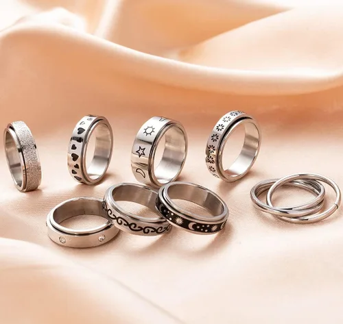 Vista 6 de KELAIEN 8 anillos de acero inoxidable para mujeres y hombres, anillos giratorios para ansiedad, anillos giratorios, flores, luna, estrella, sol
