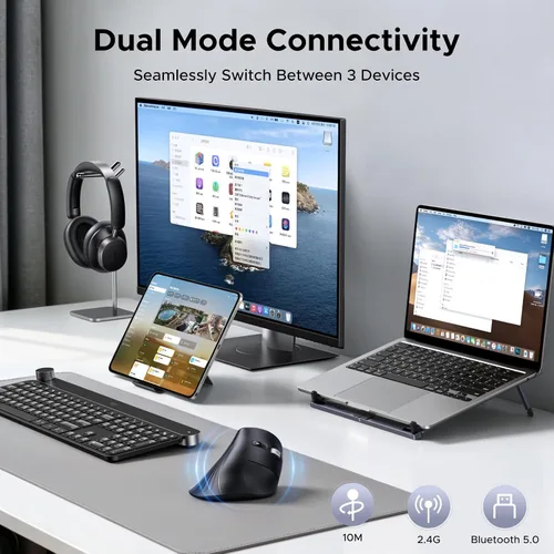 Vista 4 de UGREEN Ratón inalámbrico vertical (Bluetooth 5.0+2.4G) ergonómico con 5 botones, 1000/1600/2000/4000 DPI, prevención del síndrome del ratón, ratón