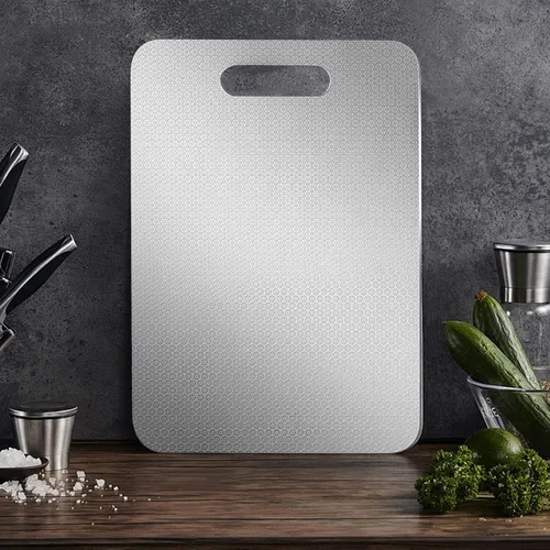 Vista 9 de Tabla de cortar, tabla de cortar de acero inoxidable, diseño de doble cara de 13.39 x 9.06 pulgadas, antidaños, herramienta de cocina para verduras