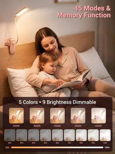 Vista 2 de Lámpara de escritorio rosa linda luz de lectura, 45 modos de luz regulable con clip con batería de 4000 mAh, lámpara de escritorio recargable de 450