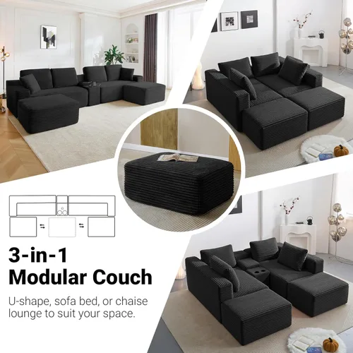 Vista 5 de Sofá modular modular de 150 pulgadas, sofá de nube moderno de gran tamaño para sala de estar, sofás en forma de U con 2 otomanas, puertos USB y Negro