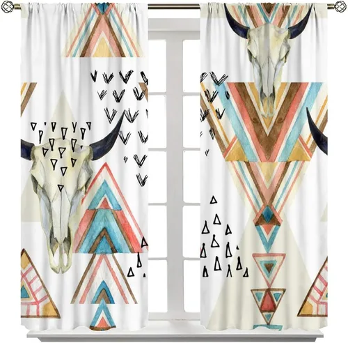 Vista 94 de Cortinas con patrón geométrico tribal, estilo suroeste, azteca, rústico, occidental, nativo americano, opacas, con bolsillo para barra, decoración