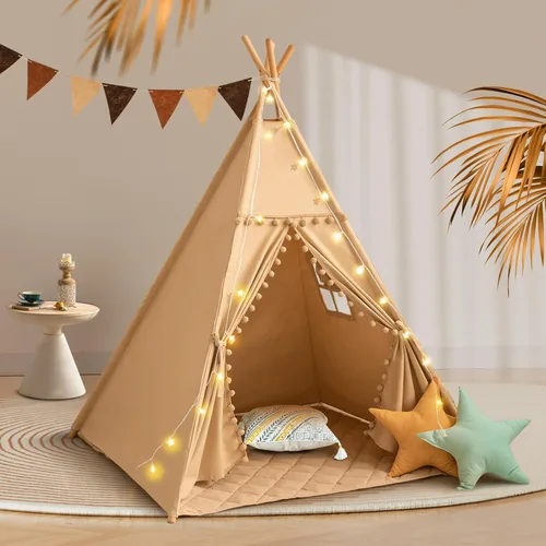 Vista 10 de WIRHAO Tienda de campaña tipi para niños con alfombrilla acolchada, lona de algodón, tipi con pompón para niños pequeños, tienda de campaña