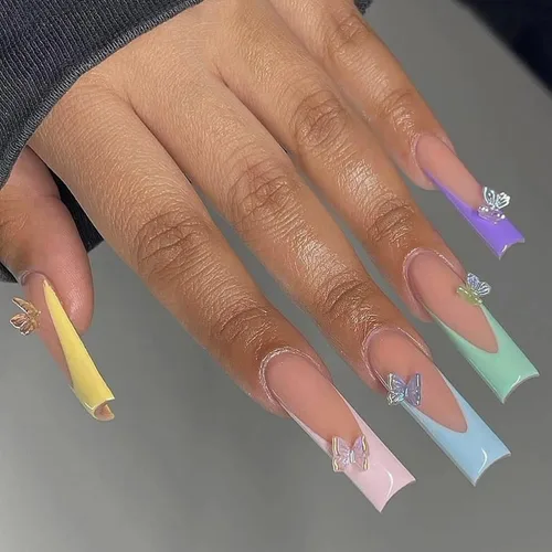 Vista 9 de MISUD Uñas a presión – Uñas cuadradas largas con pegamento rosa y negro, acrílico Y2K diseño de dijes de 24 piezas