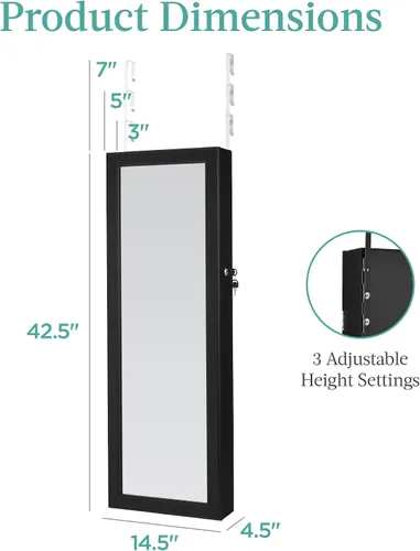 Vista 7 de Best Choice Products Armario de joyería con espejo LED, organizador de joyas montado en la pared o en la puerta con espejo, 2 cajones, cerradura