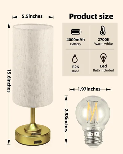 Vista 8 de Lámpara de batería, regulable, luz ambiental, 2700 K, temporizador, control táctil, portátil, LED, funciona con pilas, recargable, inalámbrica