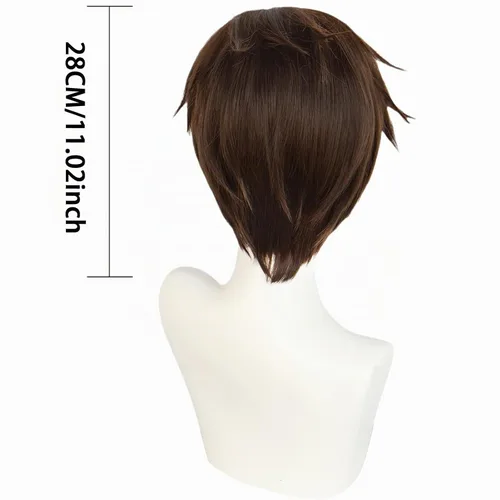 Vista 5 de Peluca marrón para hombre, corta, esponjosa, recta, pelo en capas Natural Marrón
