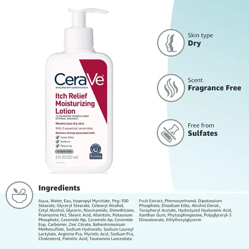 Vista 8 de CeraVe Loción hidratante antipicazón con clorhidrato de pramoxina, alivia la picazón con irritaciones menores de la piel, alivio de quemaduras