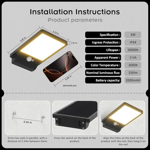 Vista 8 de Luz solar para exteriores, pared, paso, puerta, poste, blanco cálido de 3000 K, batería de litio de 2000 mAh, 350 lm, impermeable, sensor