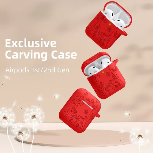 Vista 2 de Lerobo - Funda con grabado de flores para carcasa de AirPod, protector de silicona suave y elegante con llavero compatible con carcasa de carga