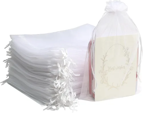 Vista 9 de Uigidori 100 bolsas de organza de alta calidad, bolsas de regalo de organza transparente de 8 x 12 pulgadas con cordón, bolsas grandes de malla