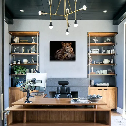 Vista 3 de Impresiones en lienzo de leopardo con fondo negro y vida silvestre dorada, arte de pared de leopardo y guepardo, ilustraciones para baño