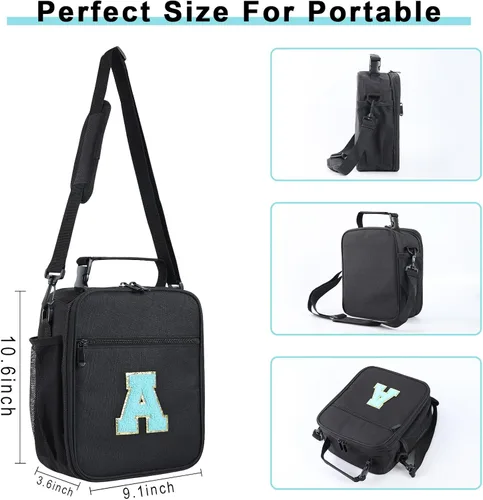 Vista 4 de ELEFOCUS Lonchera aislada con inicial para mujeres y hombres, bolsa de almuerzo personalizada con monograma con correa de hombro ajustable