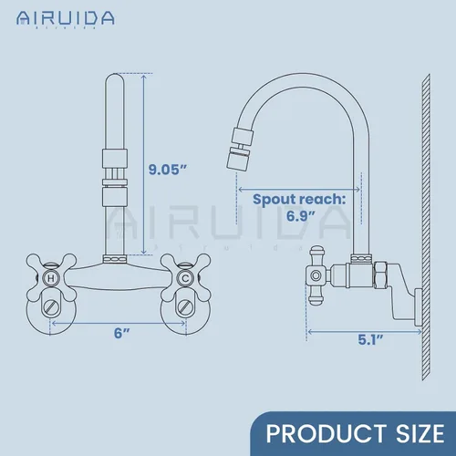 Vista 6 de Airuida Grifo de cocina de montaje en pared con rociador, grifo de fregadero de cocina montado en la pared, manijas dobles cruzadas, boquilla