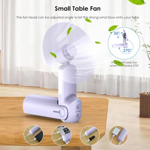 Vista 4 de Ohjoin Mini ventilador de mano portátil 4 en 1, ventilador de viaje plegable personal, pequeño ventilador de mano para pestañas faciales, recargable