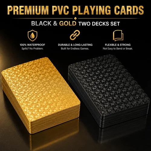 Vista 3 de 10 Paquetes de Cartas de Juego - 5 Negras 5 Doradas HD, 54 Cartas de Póquer Estándar de Plástico Impermeable para Fiestas Familiares Negro y dorado