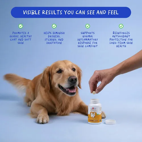 Vista 2 de Aceite de pescado Omega 3 para perros, 120 tabletas masticables - con Omega 3, 6 y 9, vitamina E para el desprendimiento de perros, picazón, piel