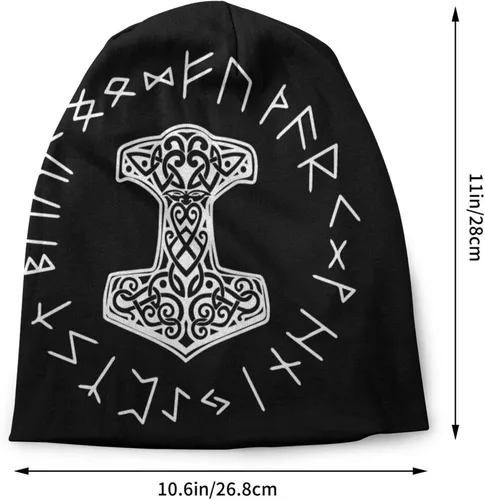Vista 2 de Vikings Mjolnir and Rune Wheel - Gorro con símbolo de mitología nórdica para hombres y mujeres gorro holgado para esquí calavera invierno fino
