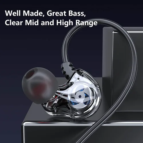 Vista 8 de Auriculares con cable de doble controlador de 0.138 in, auriculares enchufables Extra bass earbuds, wrap around over ear, hifi, microphone, hook