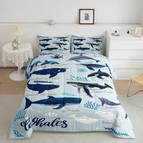 Vista 32 de Erosebridal Blue Ocean - Juego de edredón tamaño individual Juego de ropa de cama de ballena delfín y tortuga marina para niños y niñas, juego