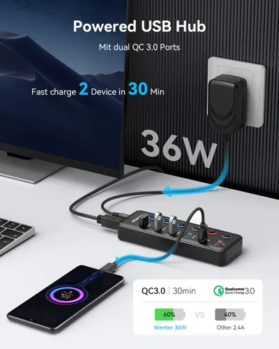 Vista 4 de Wenter Hub USB 3.0 de 6 puertos USB 3.0 (4 puertos de datos USB 3.0 + 2 puertos de carga rápida QC 3.0) con interruptores LED individuales