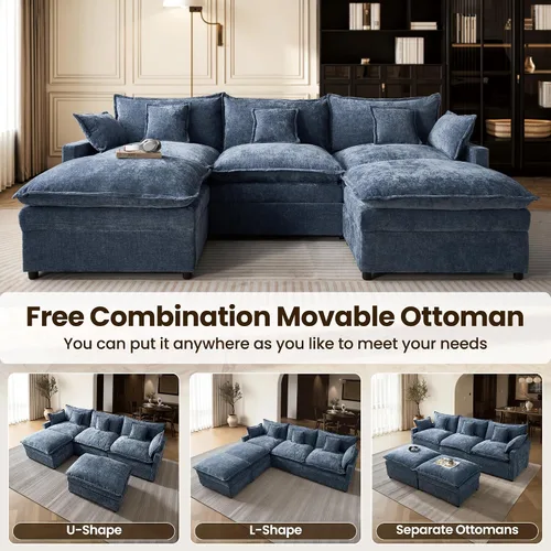 Vista 3 de ovios Sofá modular Cloud de 108 pulgadas, sofás modulares en forma de U de 5 plazas con 2 otomanas, cómodos sofás de felpilla con 5 almohadas