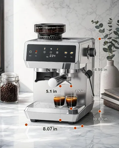 Vista 6 de AMZCHEF Máquina de café expreso con molinillo, control de temperatura, 44 2-Plateado