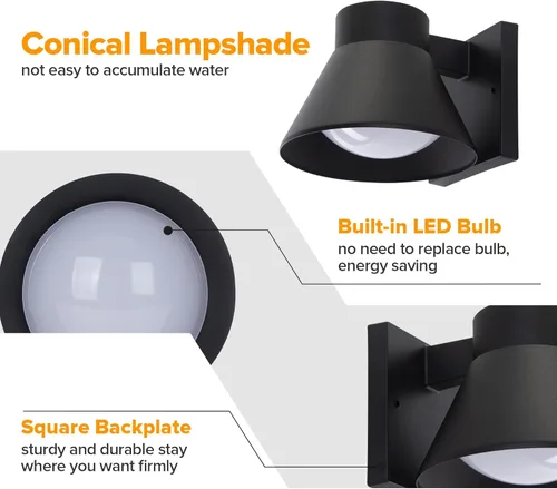 Vista 5 de UME Paquete de 2 lámparas de pared LED para exteriores, farol de pared al aire libre de anochecer a amanecer, accesorios de lámpara de pared Negro