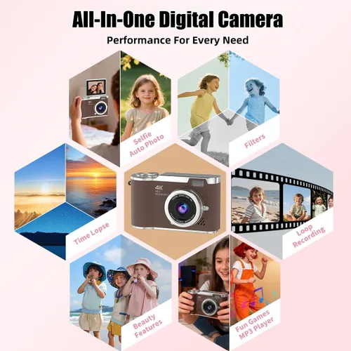 Vista 5 de Cámara digital 4K, cámara selfie de 48 megapíxeles con enfoque automático y pantalla giratoria de 180°, cámara digital compacta para niños con zoom
