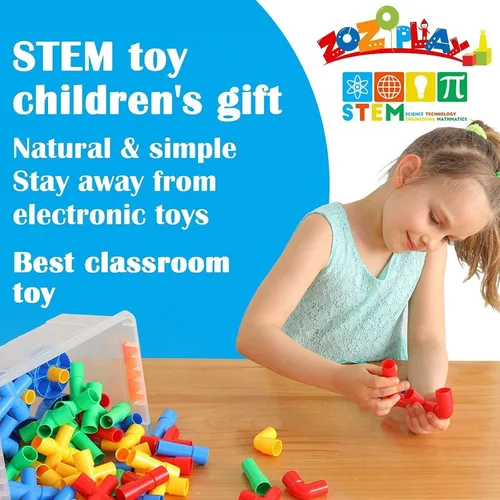 Vista 4 de ZOZOPLAY STEM - Juego de 64 piezas de tubos tubulares de aprendizaje, boquillas, juntas para construir bicicleta, tanque, scootie, habilidades