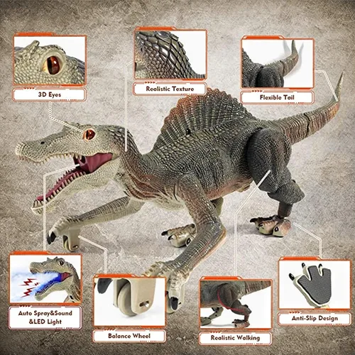 Vista 3 de Juguetes de dinosaurio mejorados para niños de 3, 5 y 7 años, juguetes de Spinosaurus con control remoto con luz indicadora, persiguiendo, rociando