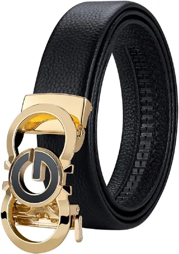 Vista 7 de Cinturones de trinquete de cuero para hombre, hebilla automática con caja de cinturón, regalo para hombres Negro 02