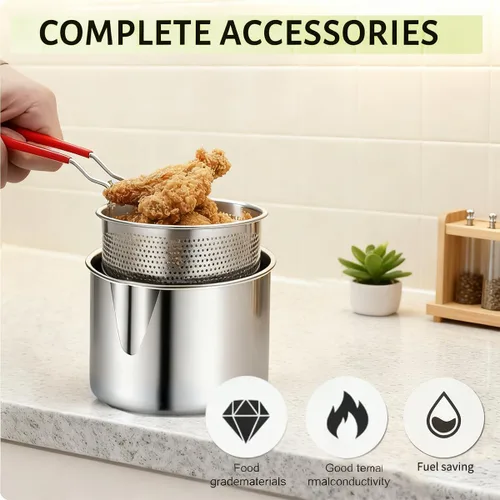 Vista 3 de Mini olla de acero inoxidable con asa y cesta coladora, mini freidoras de aceite para freidora, freidoras de grado alimenticio con tapa, olla