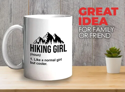 Vista 2 de Taza de café de senderismo de 11 oz color blanco – Senderismo Chica – Senderismo Backpacker Backpacker Mountain Boardwalks Mochilero Camping