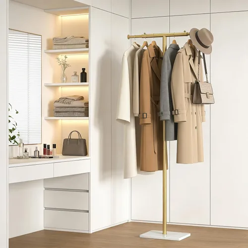 Vista 9 de ELYKEN Perchero independiente con base de mármol natural, ancho ajustable en forma de T, árbol de metal con 2 ganchos, moderno perchero