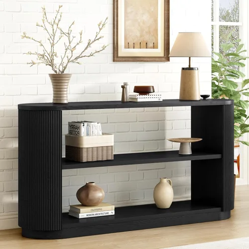 Vista 23 de 50" Modern Art Sculptural Console Table, Oval Cutout Legs, Wood Veneer, Thick Rounded Tabletop, Contemporary Entryway Sofa Table for Living Room