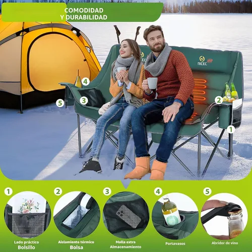 Vista 6 de Nice C - Silla de camping doble de gran tamaño con calefacción y batería (verde) Sofá biplaza acolchado de gran tamaño, sofá de camping plegable