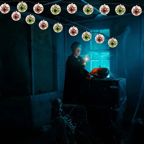 Vista 7 de Guirnalda de luces de Halloween, 8.5 pies, luces LED de ojo blanco enchufable, 10 linternas de Halloween, tira de luces conectables para decoración