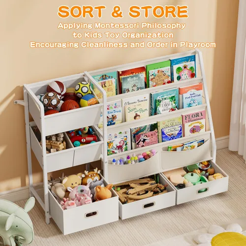 Vista 5 de HAVLOTII Estantería para niños y almacenamiento de juguetes, estante para libros para habitaciones de niños, estantería para bebés para guardería