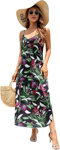 Vista 4 de Huskary - Vestido de verano para mujer, casual, sin mangas, cuello en V, con tirantes delgados, abertura, holgado, salida de baño para la playa