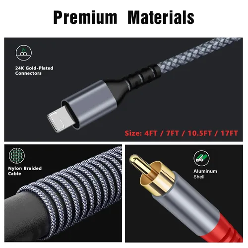 Vista 6 de [Cable auxiliar de 17 pies con certificación MF de iluminación a RCA, cable auxiliar de audio divisor en Y de 2 machos compatible con iPad, iPhone