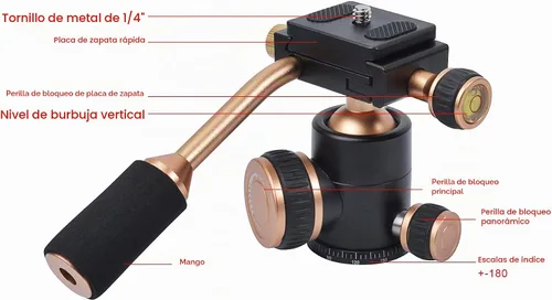 Vista 5 de Cabezal de trípode, cabezal de bola universal de inclinación flexible con placa de liberación rápida, tornillo de 1/4 para cámara DSLR, videocámara