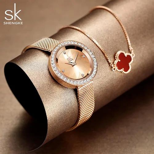 Vista 5 de SHENGKE Reloj de mujer de lujo analógico de cuarzo de moda de cuarzo para mujer, reloj impermeable para mujer Relogio Feminino, K0169-oro rosa