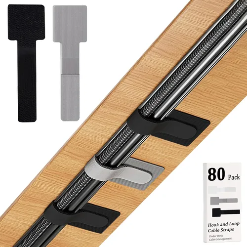 Vista 11 de 80 piezas de correas de velcro para cables, gestión de cables debajo del escritorio, bridas de cable autoadhesivas, organizadores de cables Blanco